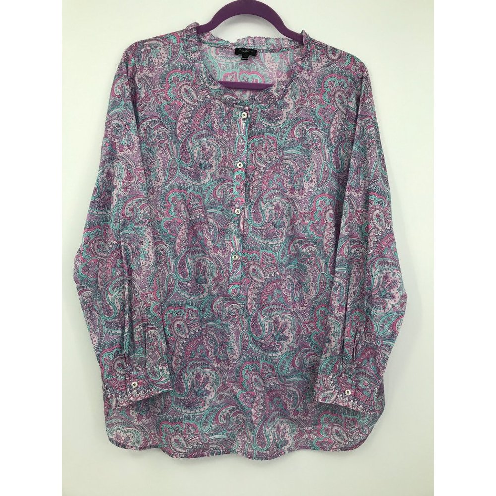 Talbots Paisley Long Sleeve Ruffle Cotton Blouse Purple Size X Plus